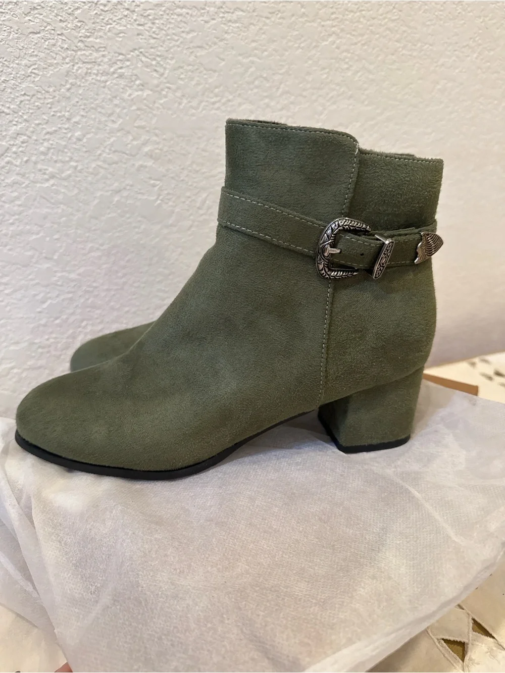 Women’s Olive Green Suede Ankle Boots with Western Buckle